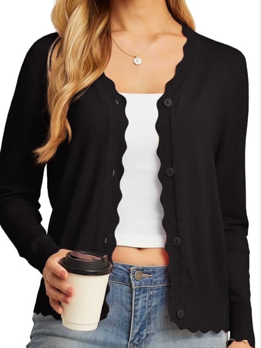 Amazon Black Scallop-Trim Button Cardigan